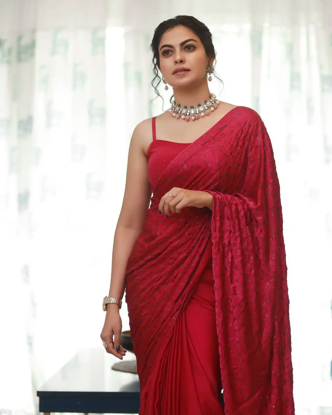 Malayalam Actress Anusree Nair in Maroon Saree Sleeveless Blouse